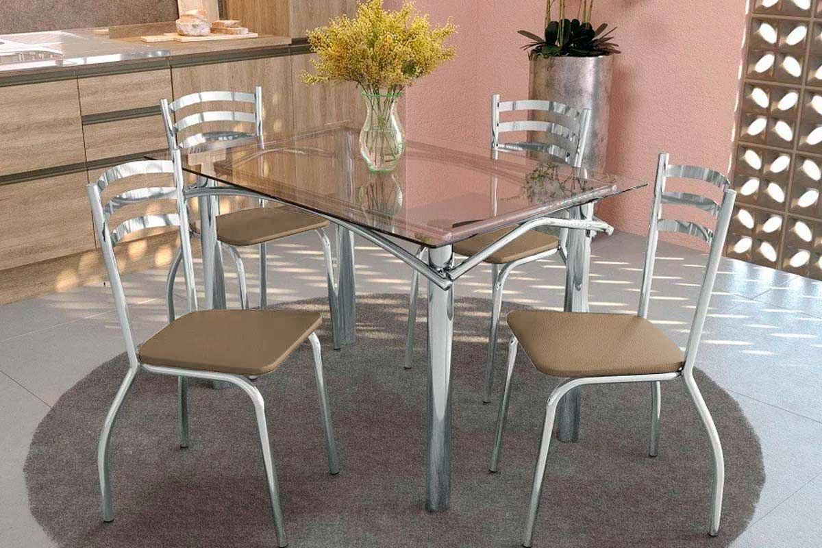 Sala Jantar Mesa Elba c/ Tampo de Vidro 120cm e 4 Cadeiras Portugal - Kappesberg