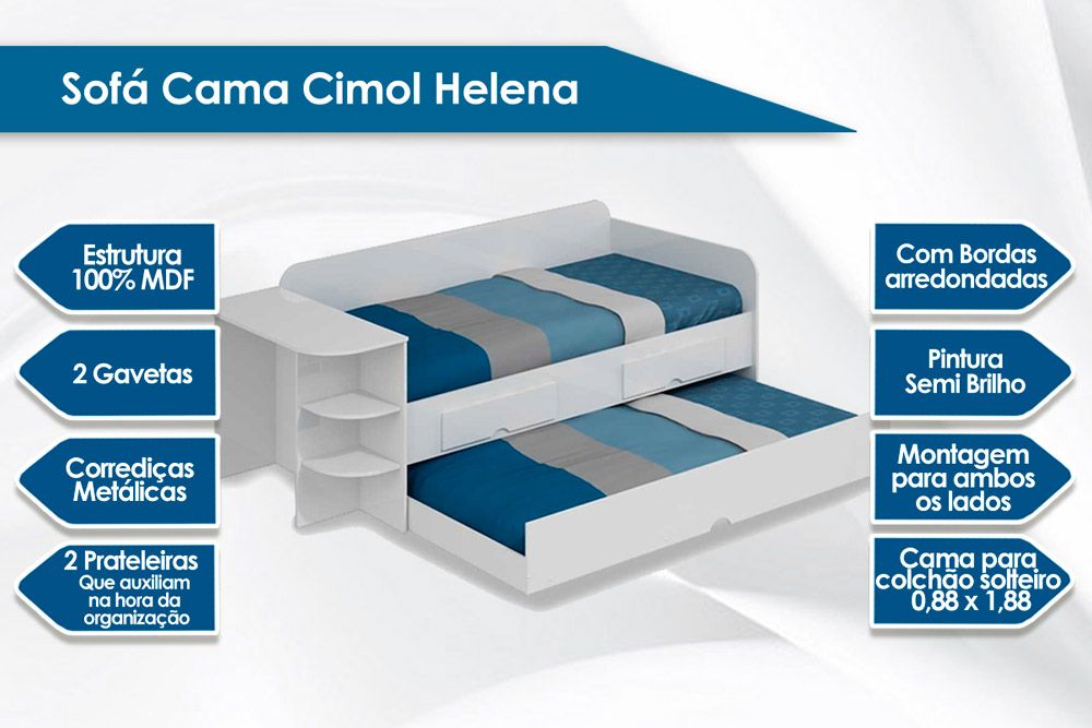Sofá Cama Solteiro Helena c/2 Gavs e Auxiliar Permóbili