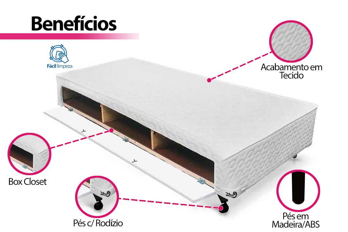 Cama Box Closet Castor Poli Tecido White Cama Box Closet Castor Poli Tecido White
