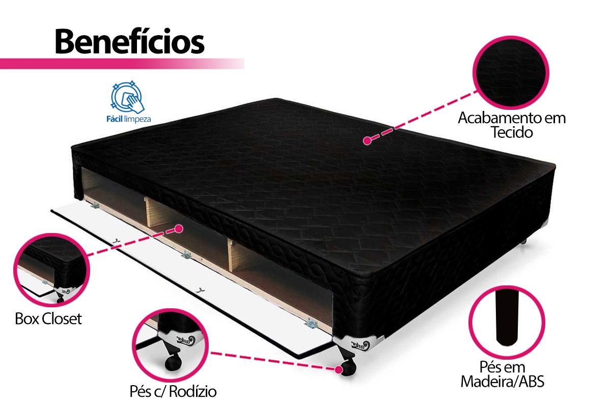 Cama Box Closet Castor Poli Tecido Black Cama Box Closet Castor Poli Tecido Black