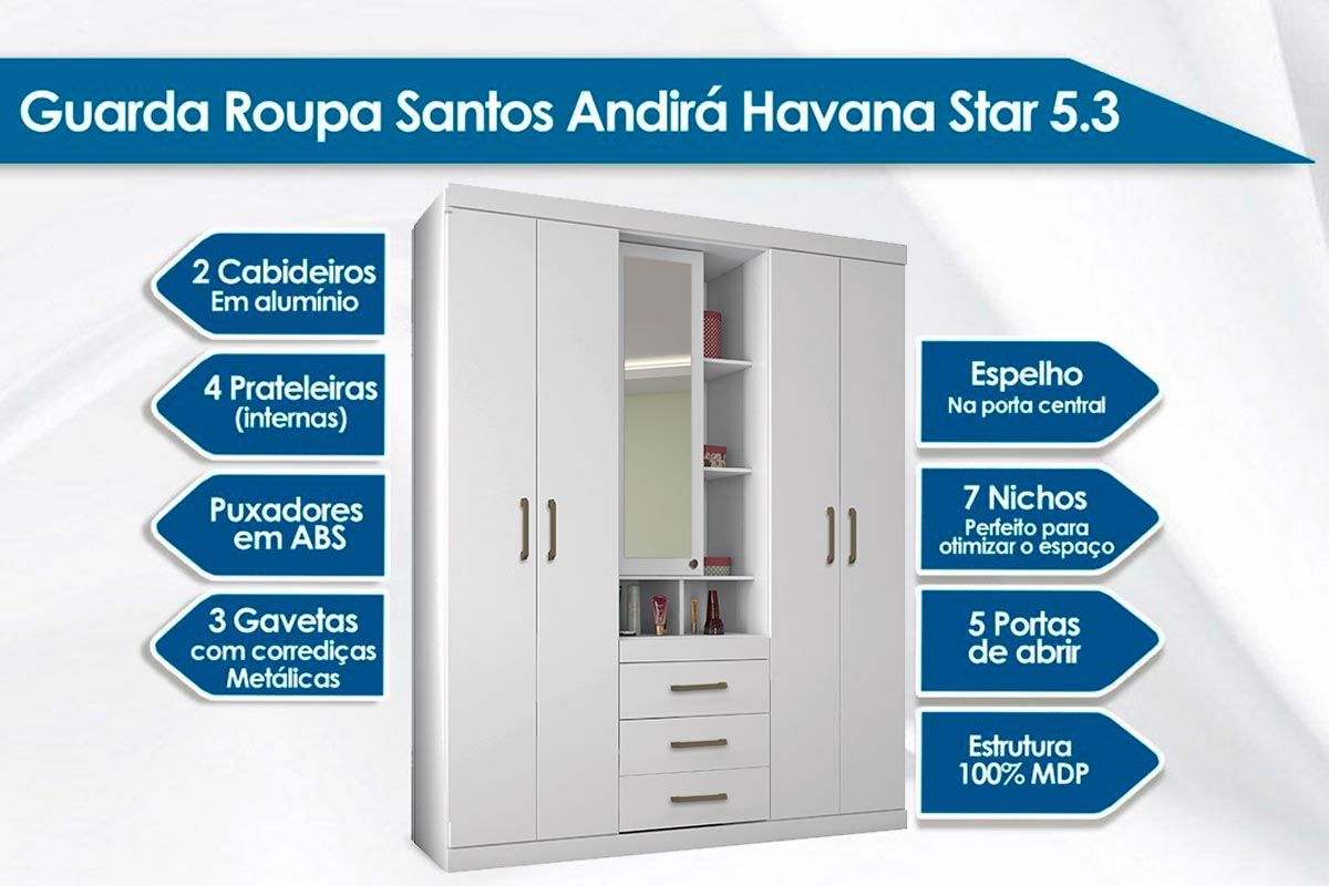 Guarda Roupa Solteiro 5 Portas e 3 Gavetas Havana Star 5.3 S. Andirá Guarda Roupa Solteiro 5 Portas e 3 Gavetas Havana Star 5.3 S. Andirá