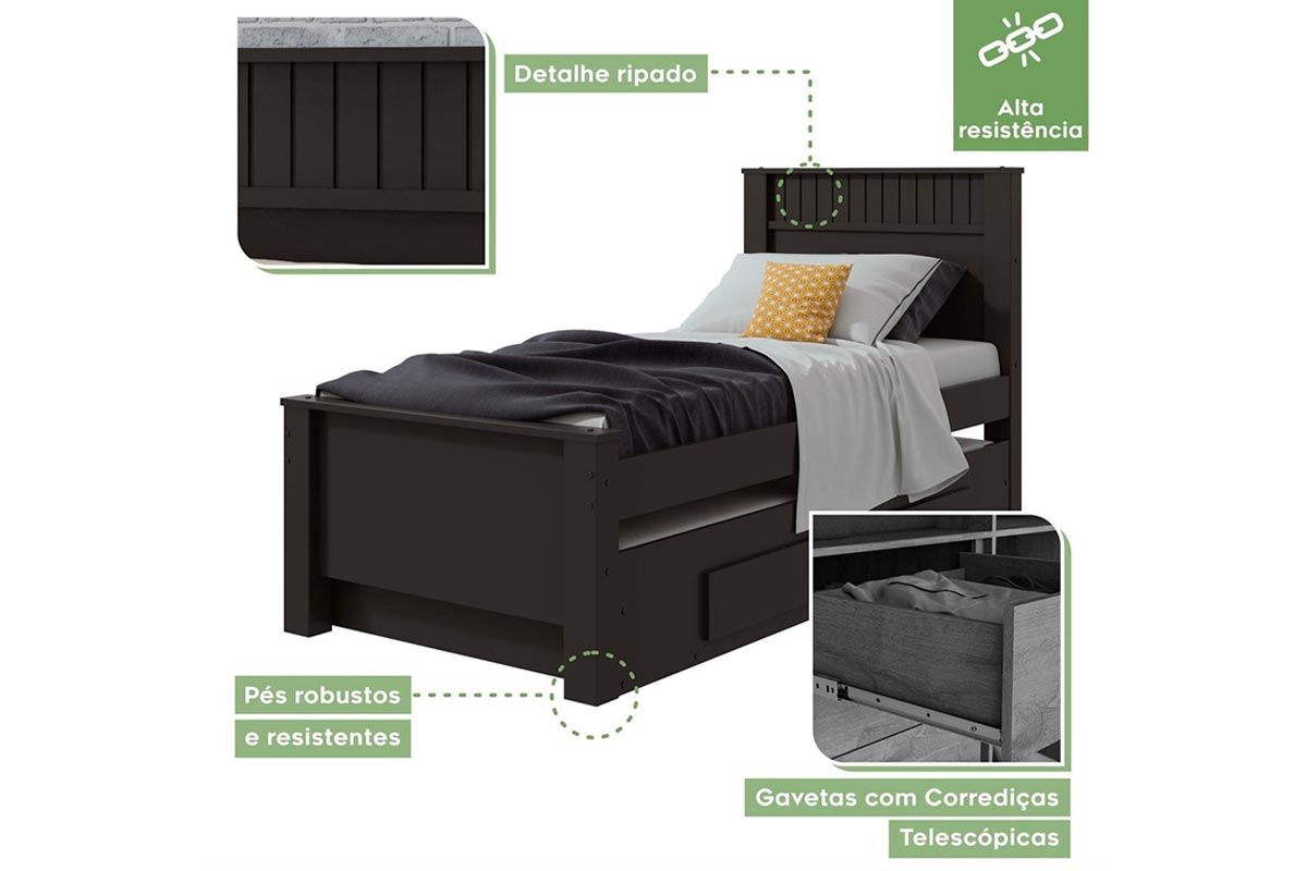 Cama Solteiro Athenas c/2 Gavetas e Auxiliar Lopas Cama Solteiro Athenas c/2 Gavetas e Auxiliar Lopas