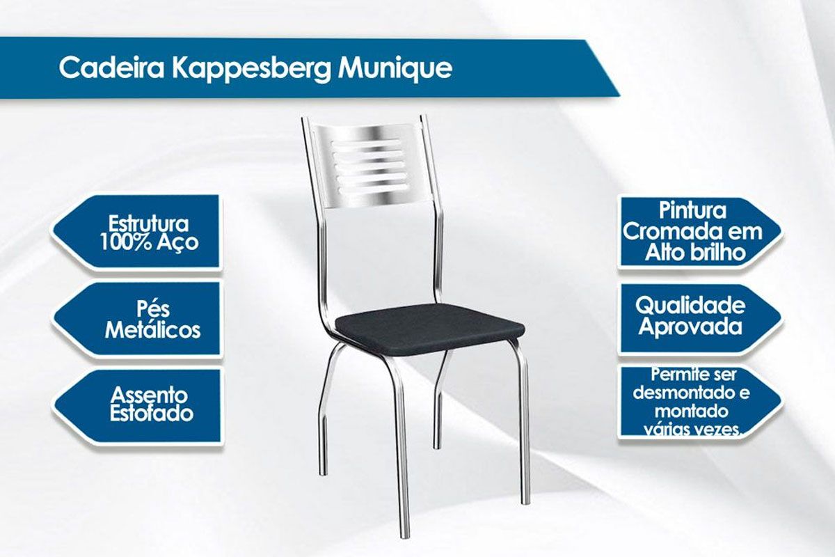 Sala de Jantar Completa Elba Aço c/ Tampo de Vidro 150x80cm e 6 Cadeiras Munique Cromadas - Kappesberg