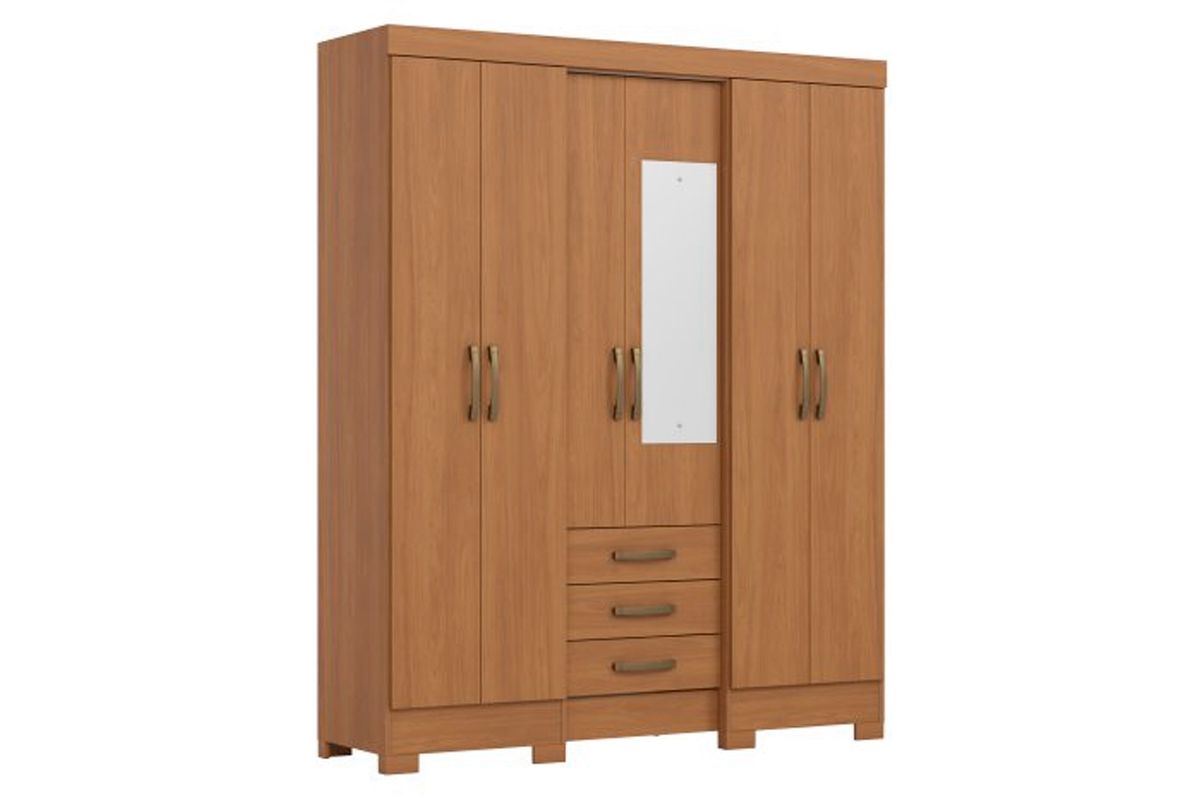 Guarda Roupa Solteiro 6 Portas (1 c/Espelho) e 3 Gavetas c/Pés Briz B23 Henn