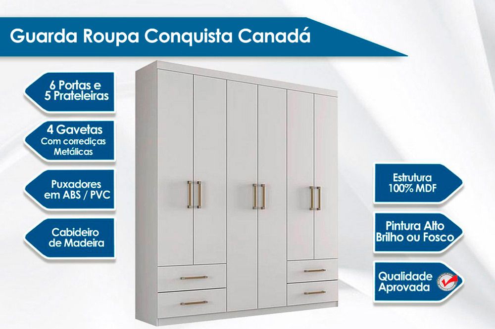 Guarda Roupa Solteiro 6 Portas e 4 Gavetas c/Pés Canadá Plus Conquista Guarda Roupa Solteiro 6 Portas e 4 Gavetas c/Pés Canadá Plus Conquista