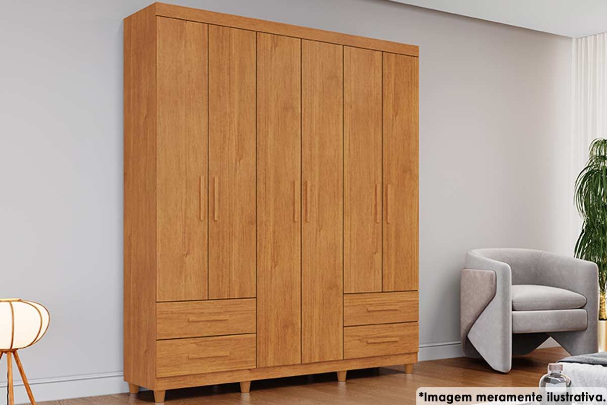 Guarda Roupa Solteiro 6 Portas e 4 Gavetas c/Pés Canadá Plus ConquistaCinamomo