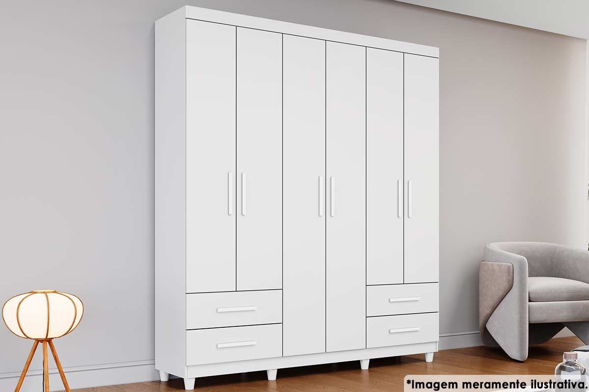 Guarda Roupa Solteiro 6 Portas e 4 Gavetas c/Pés Canadá Plus ConquistaBranco