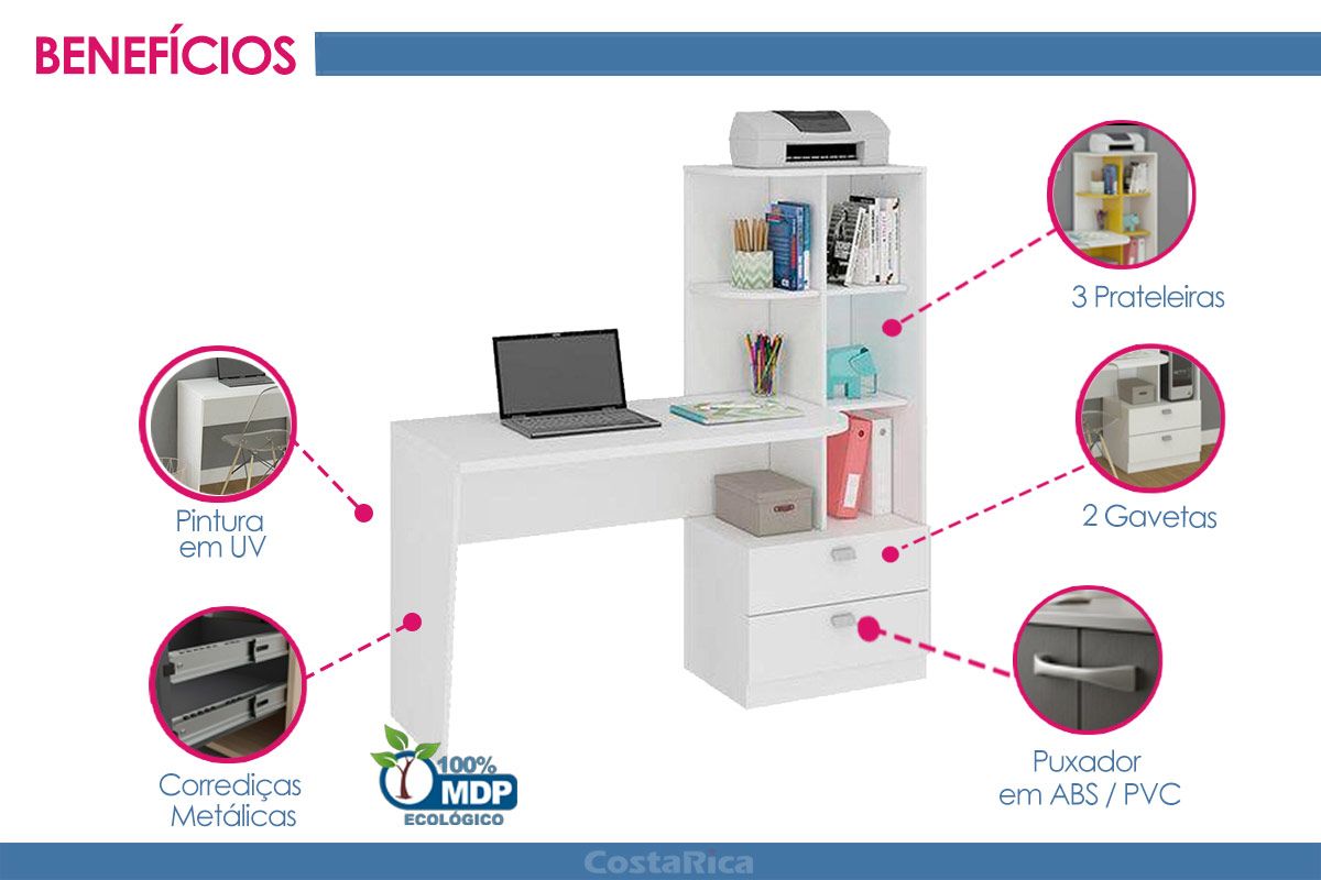 Mesa Computador Elisa c/2 Gavetas e Nichos Permóbili Mesa Computador Elisa c/2 Gavetas e Nichos Permóbili
