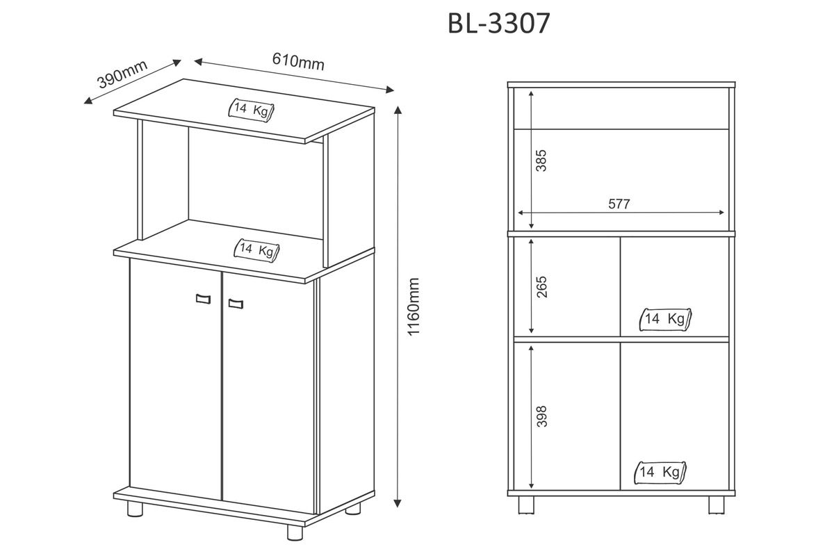Balcão Multiuso Cozinha Tecno Mobili BL3307 c/2 Portas e Nicho p/ Microondas 60cm