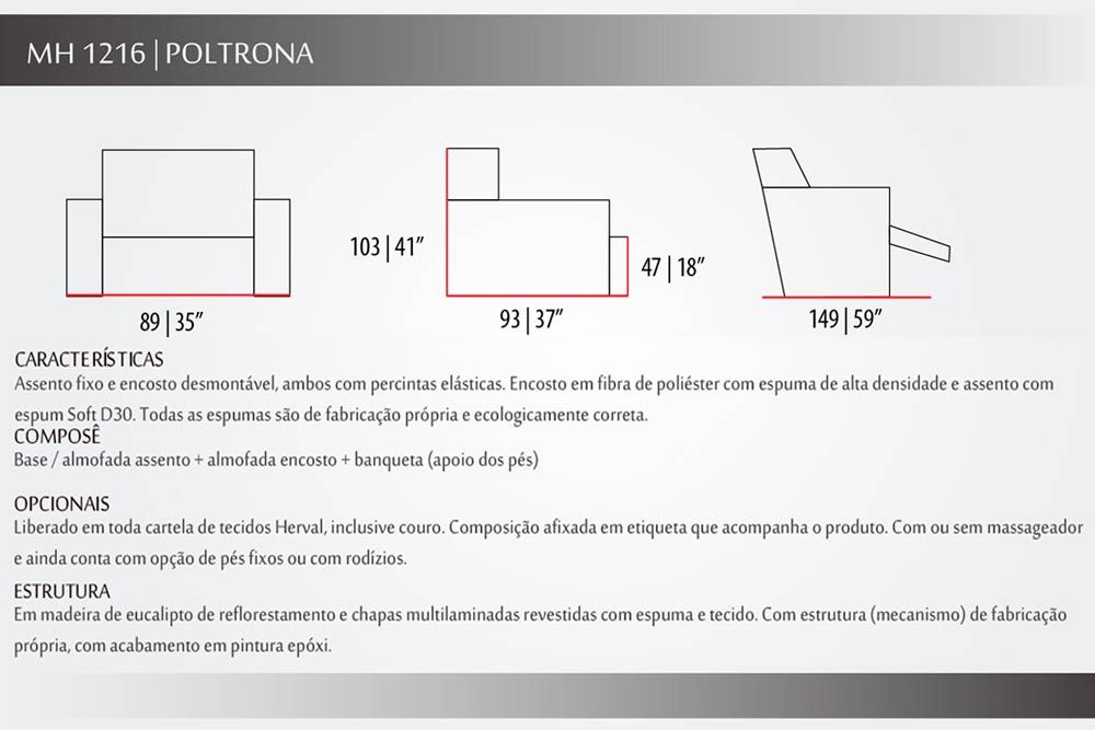 Poltrona Reclinável p/ Sala MH1216 Slim Two Way Herval Poltrona Reclinável p/ Sala MH1216 Slim Two Way Herval