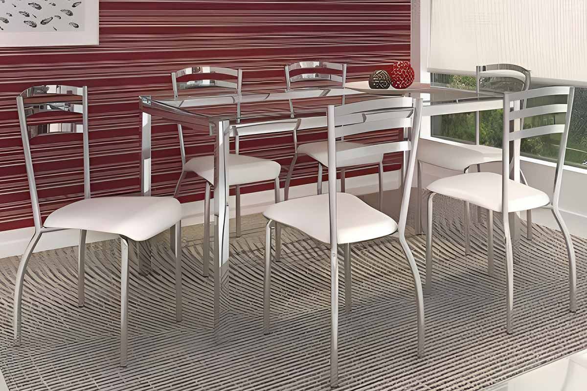 Sala de Jantar Completa Elba Aço c/ Tampo de Vidro 120x80cm e 6 Cadeiras Portugal - Kappesberg