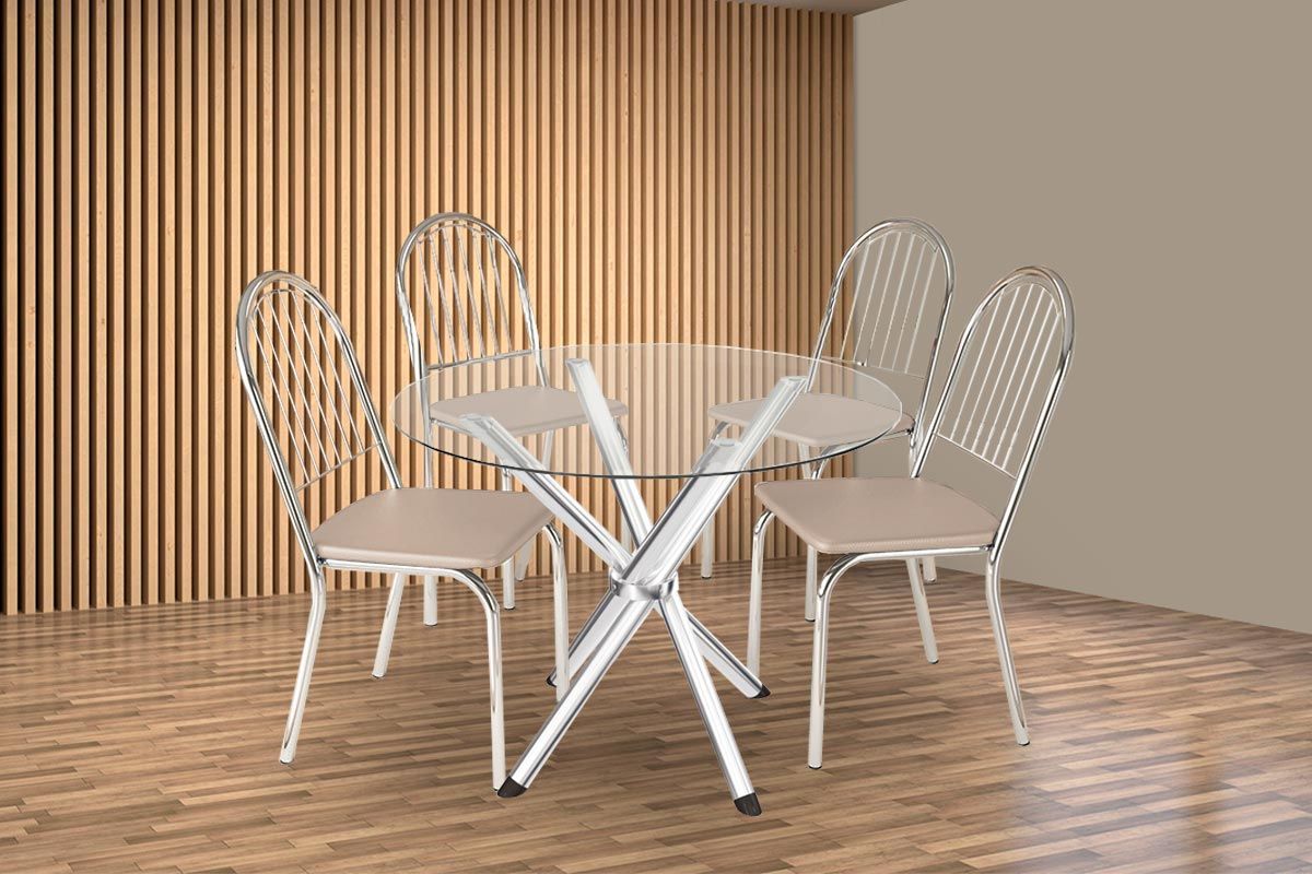 Sala Jantar Mesa Volga c/ Tampo de Vidro 95cm e 4 Cadeiras Noruega - Kappesberg