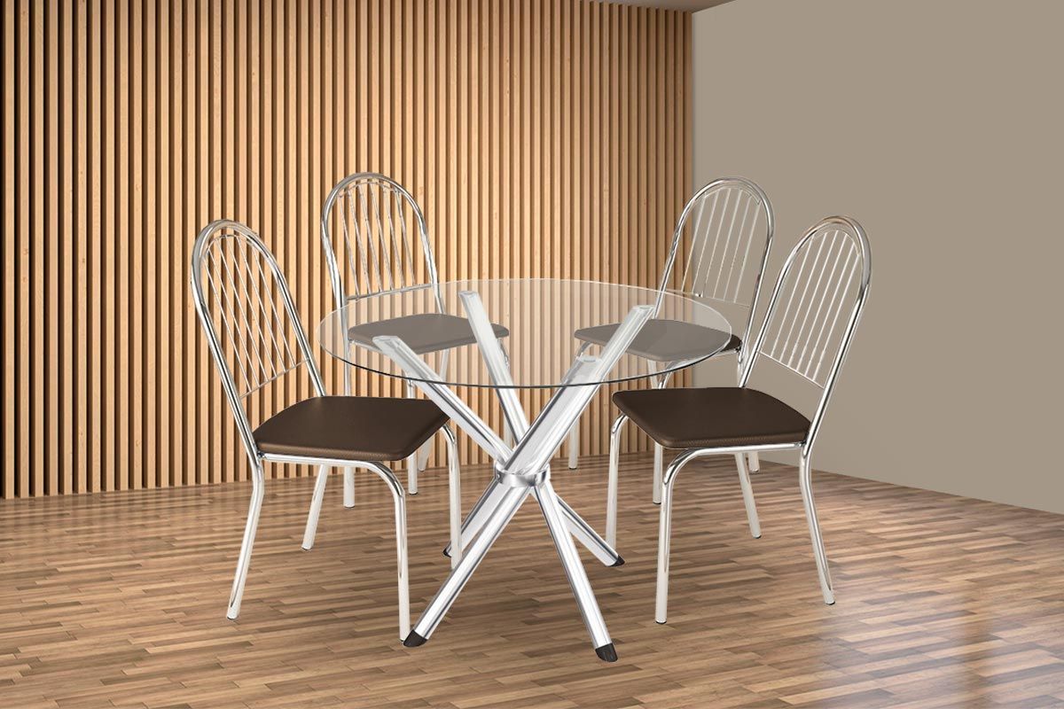Sala Jantar Mesa Volga c/ Tampo de Vidro 95cm e 4 Cadeiras Noruega - Kappesberg