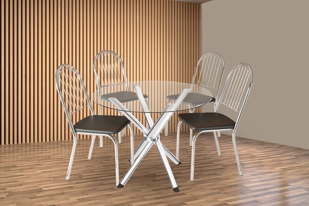 Sala Jantar Mesa Volga c/ Tampo de Vidro 95cm e 4 Cadeiras Noruega - Kappesberg