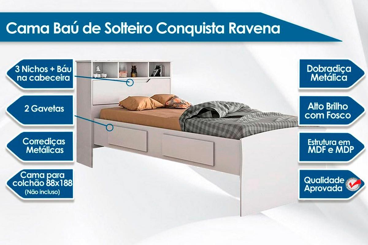 Cama Solteiro Ravena c/2 Gavetas e Auxiliar Conquista