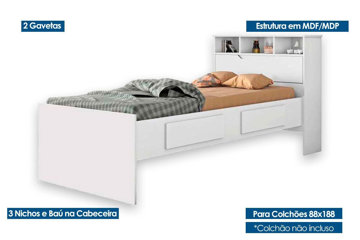 Cama Solteiro Ravena c/2 Gavetas e Auxiliar Conquista