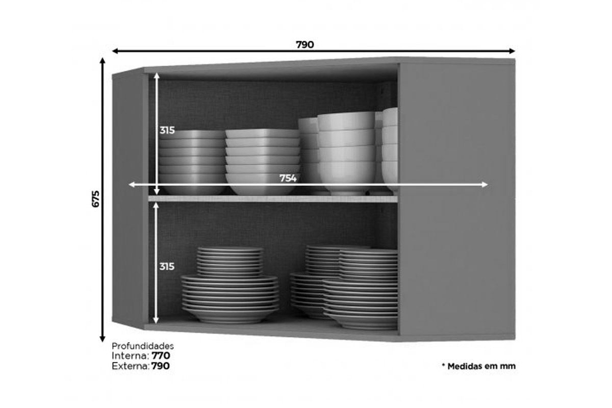 Armário Aéreo Cozinha Henn Connect Canto Oblíquo c/2 Portas 80cm