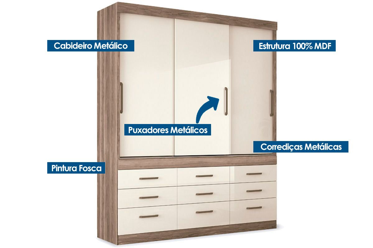 Guarda Roupa Solteiro 3 Portas Correr 9Gavs Click S. Andirá