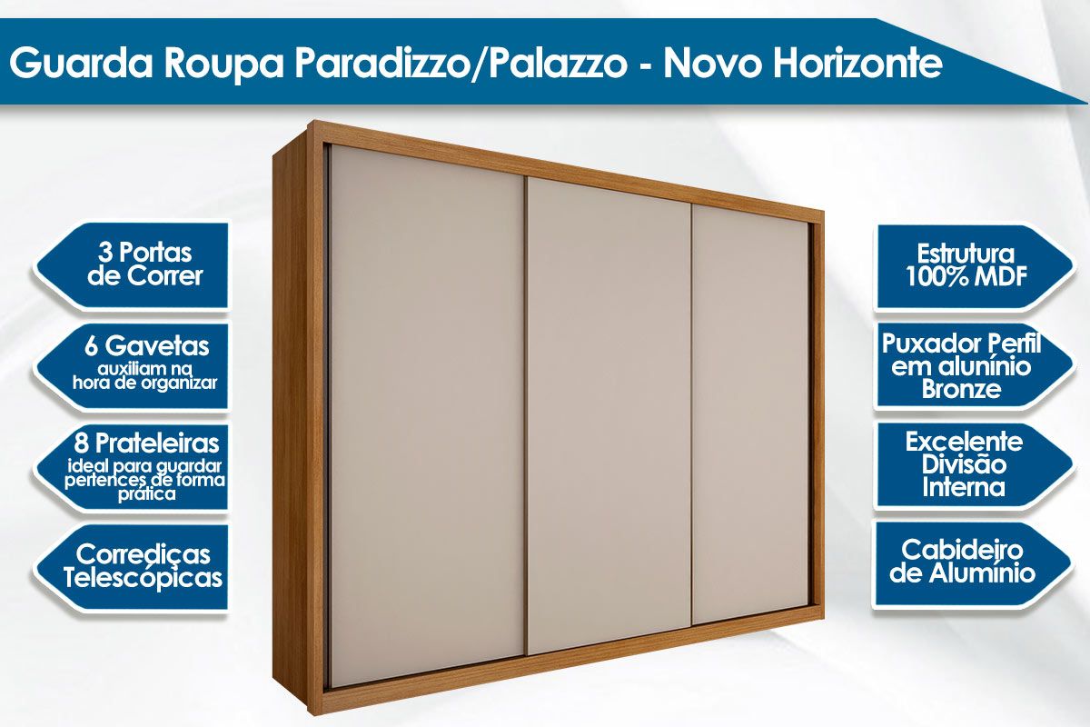 Guarda Roupa Casal 3 Portas Correr Paradizzo/Palazzo N. Horizonte Guarda Roupa Casal 3 Portas Correr Paradizzo/Palazzo N. Horizonte