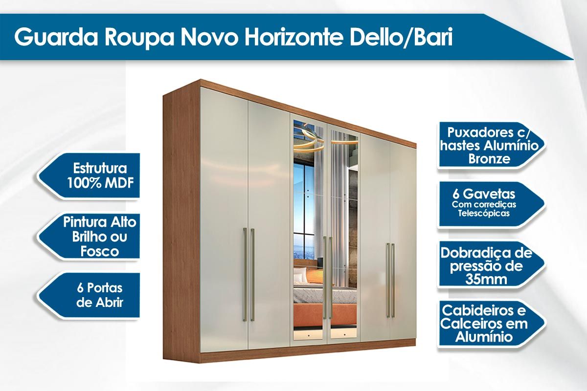 Guarda Roupa Casal 6 Portas c/Espelho 6Gavs Dello/Trento N. Horizonte Guarda Roupa Casal 6 Portas c/Espelho 6Gavs Dello/Trento N. Horizonte
