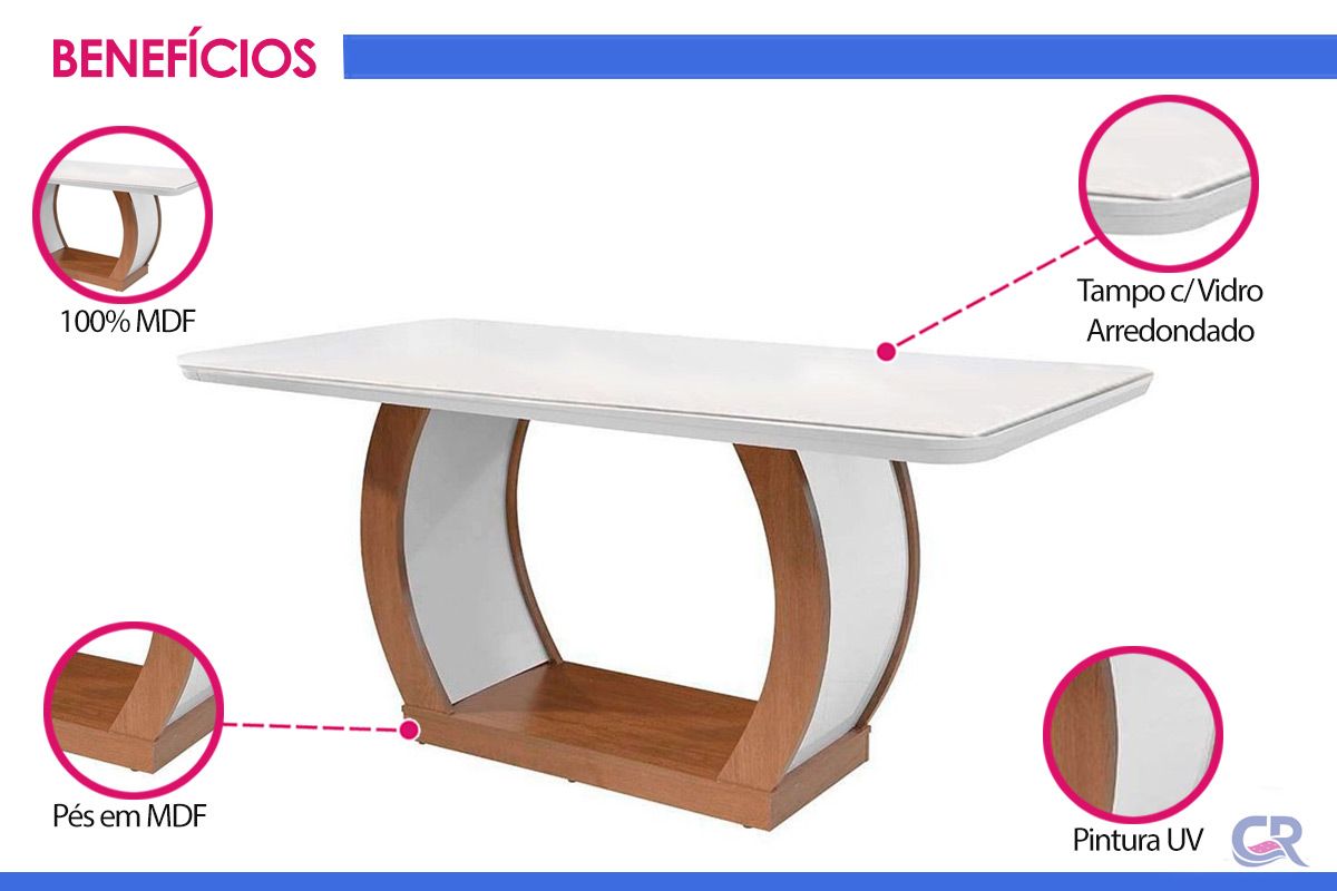 Mesa Jantar Jade c/Tampo MDF/Vidro 180cm Rufato Mesa Jantar Jade c/Tampo MDF/Vidro 180cm Rufato