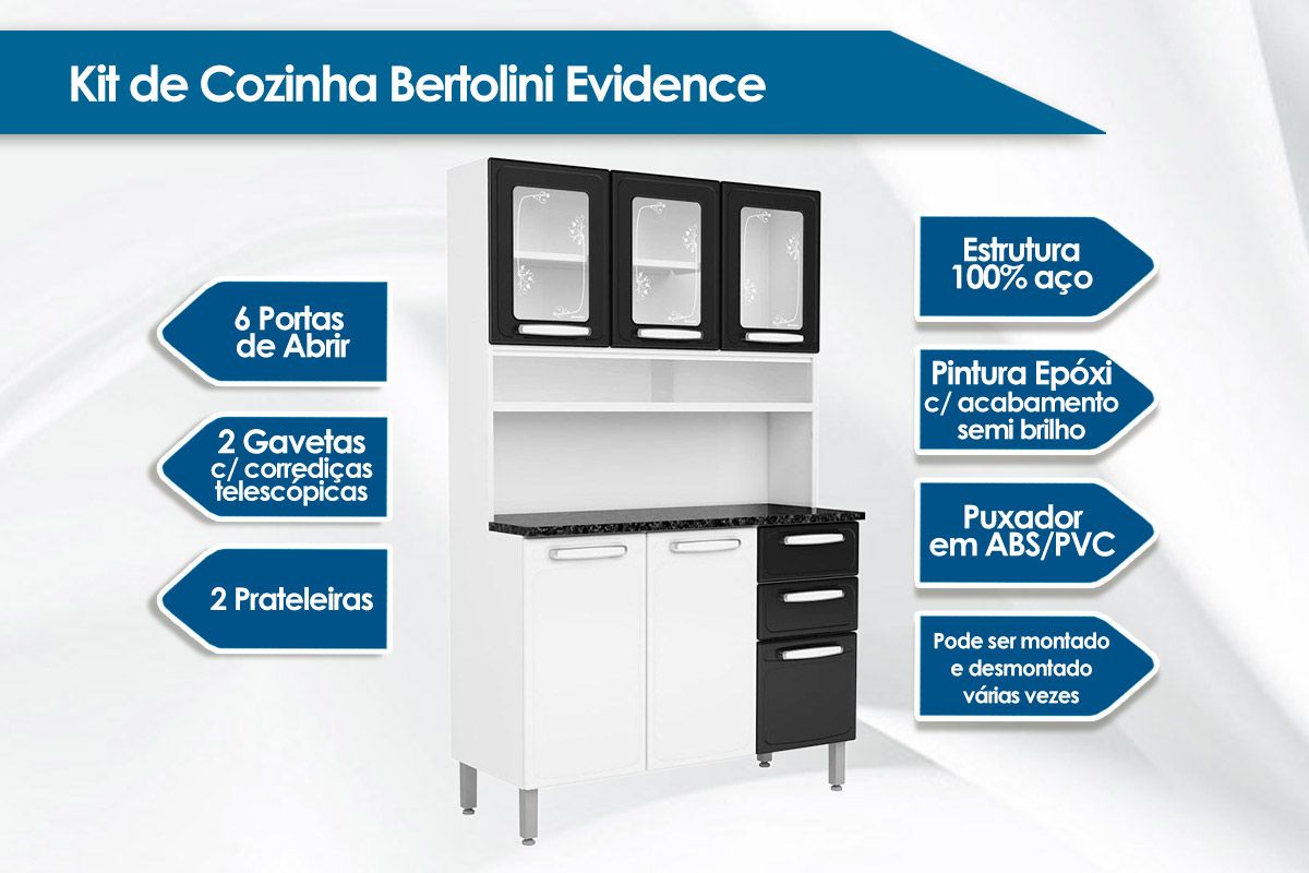 Cozinha Compacta Bertolini Evidence c/6 Portas ( 3 c/Vidro) e 2 Gavetas 120cm Cozinha Compacta Bertolini Evidence c/6 Portas ( 3 c/Vidro) e 2 Gavetas 120cm