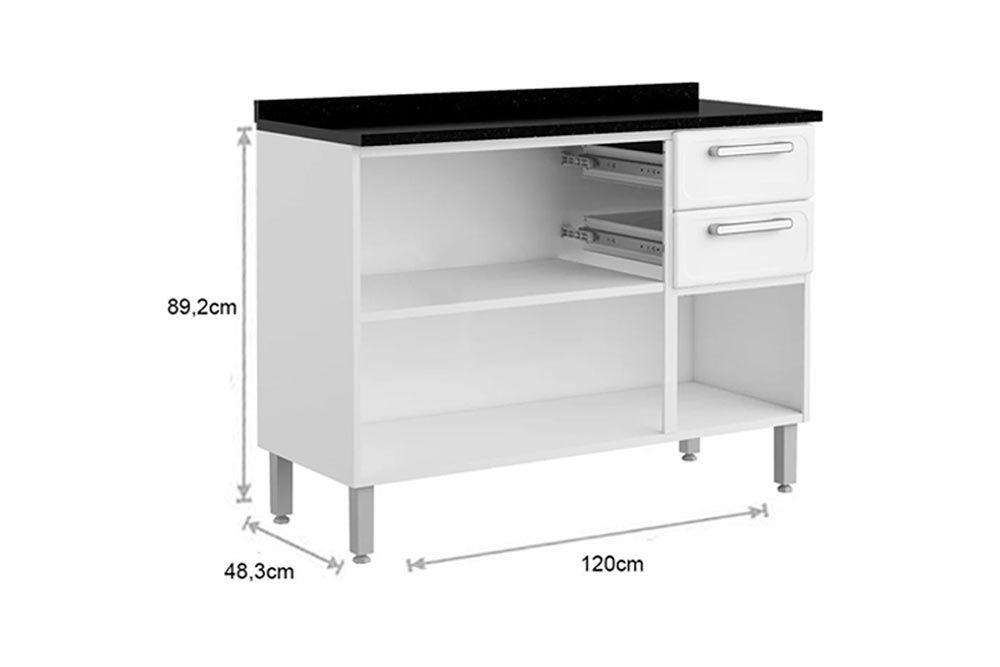 Balcão Cozinha Bertolini c/Tampo Gourmet 7124 c/3 Portas e 2 Gavetas 120cm