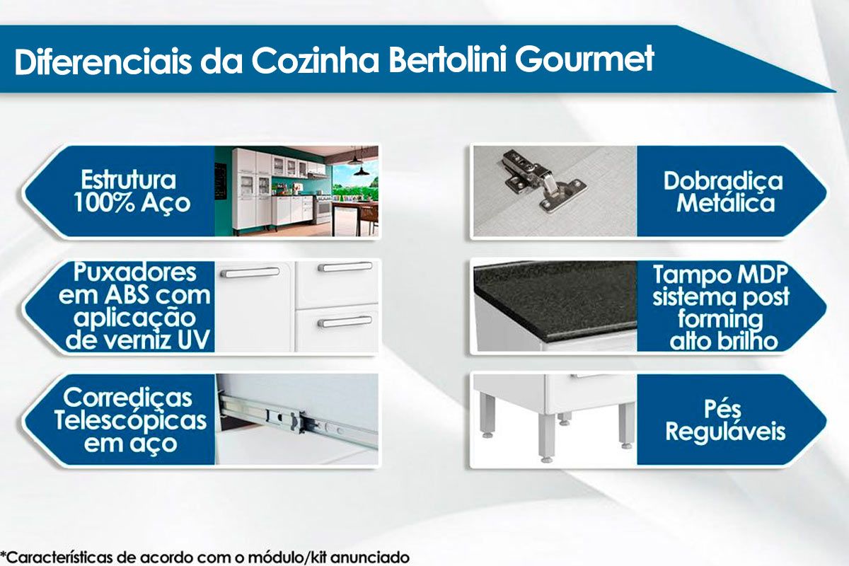 Balcão Cozinha Bertolini c/Tampo Gourmet 7124 c/3 Portas e 2 Gavetas 120cm