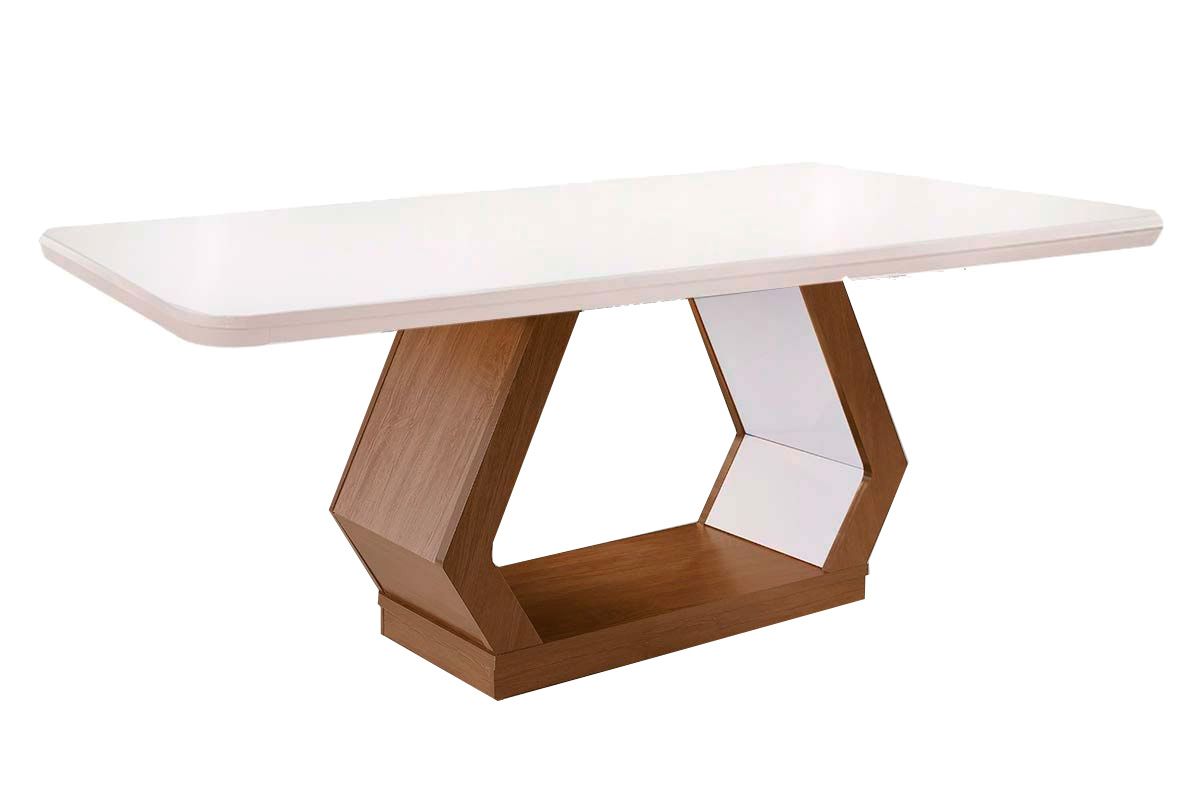 Mesa Jantar Alvorada c/Tampo MDF/Vidro 180cm RufatoMadeirado Canto Curvo - Imbuia/Off White