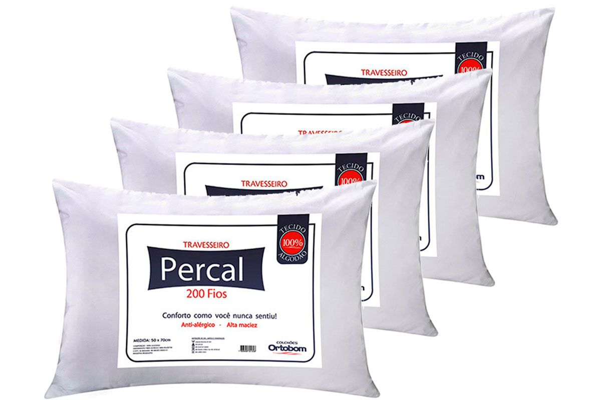 Travesseiro Fibras Pluma Kit 4un Percal 200 Fios Ortobom