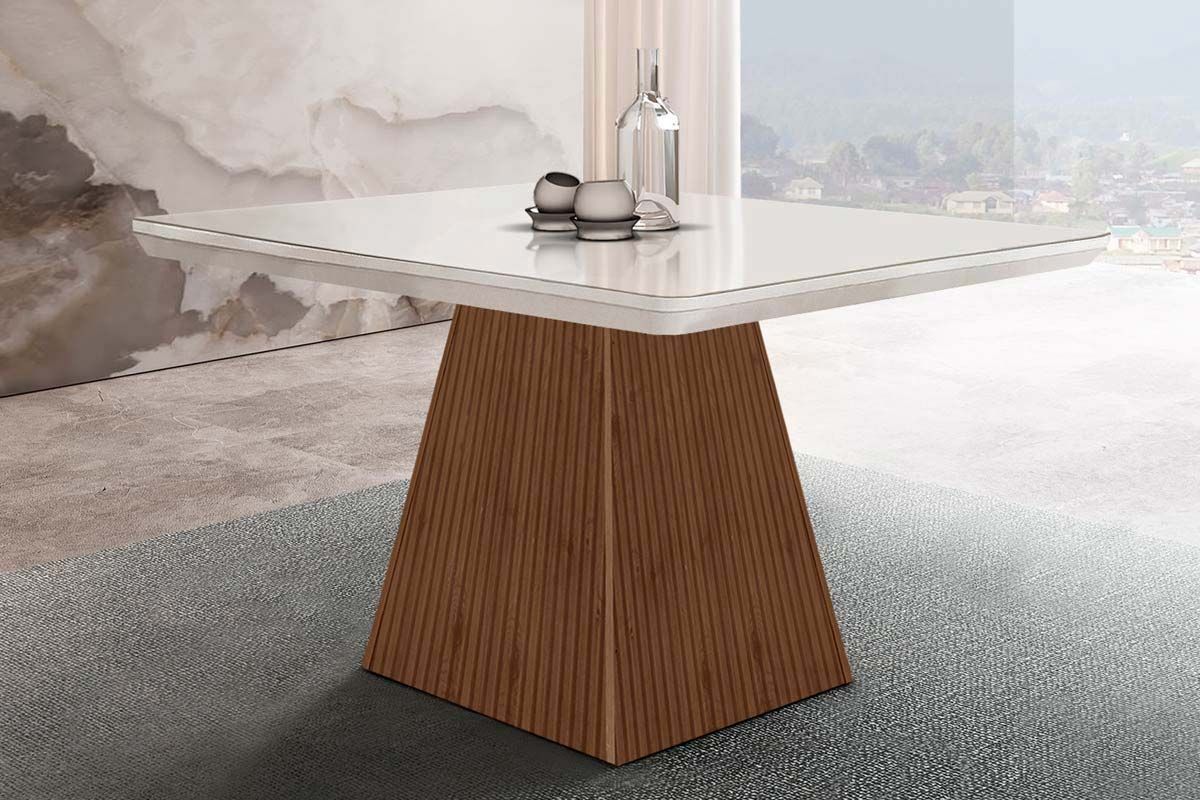 Mesa Jantar Luna c/Tampo MDF/Vidro 90cm RufatoMadeirado c/Vidro Canto Curvo - Imbuia/Ripado 3D/Off White Mesa Jantar Luna c/Tampo MDF/Vidro 90cm RufatoMadeirado c/Vidro Canto Curvo - Imbuia/Ripado 3D/Off White