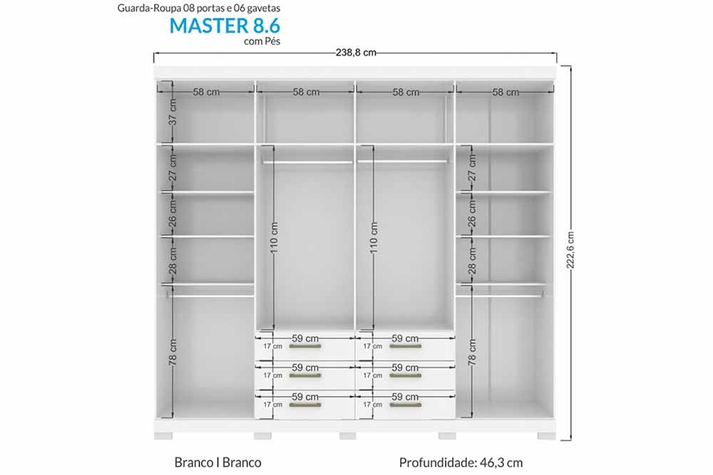 Guarda Roupa Casal 8 Portas c/Esp e Pés Master S. Andirá