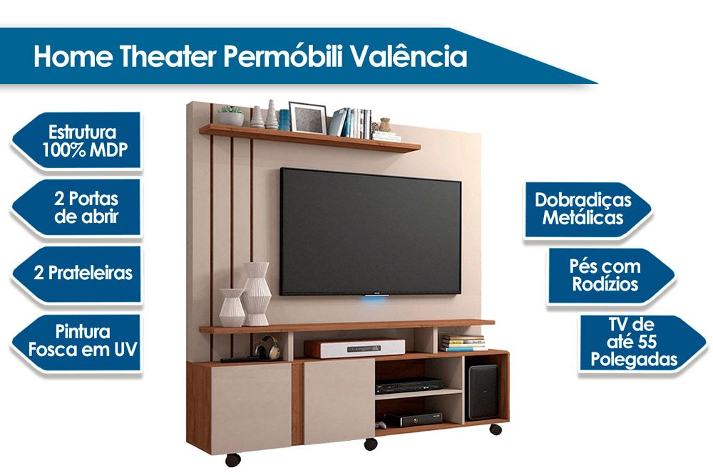 Home p/ TV até 55 Pol Valência c/2 Portas160cm Permóbili Home p/ TV até 55 Pol Valência c/2 Portas160cm Permóbili