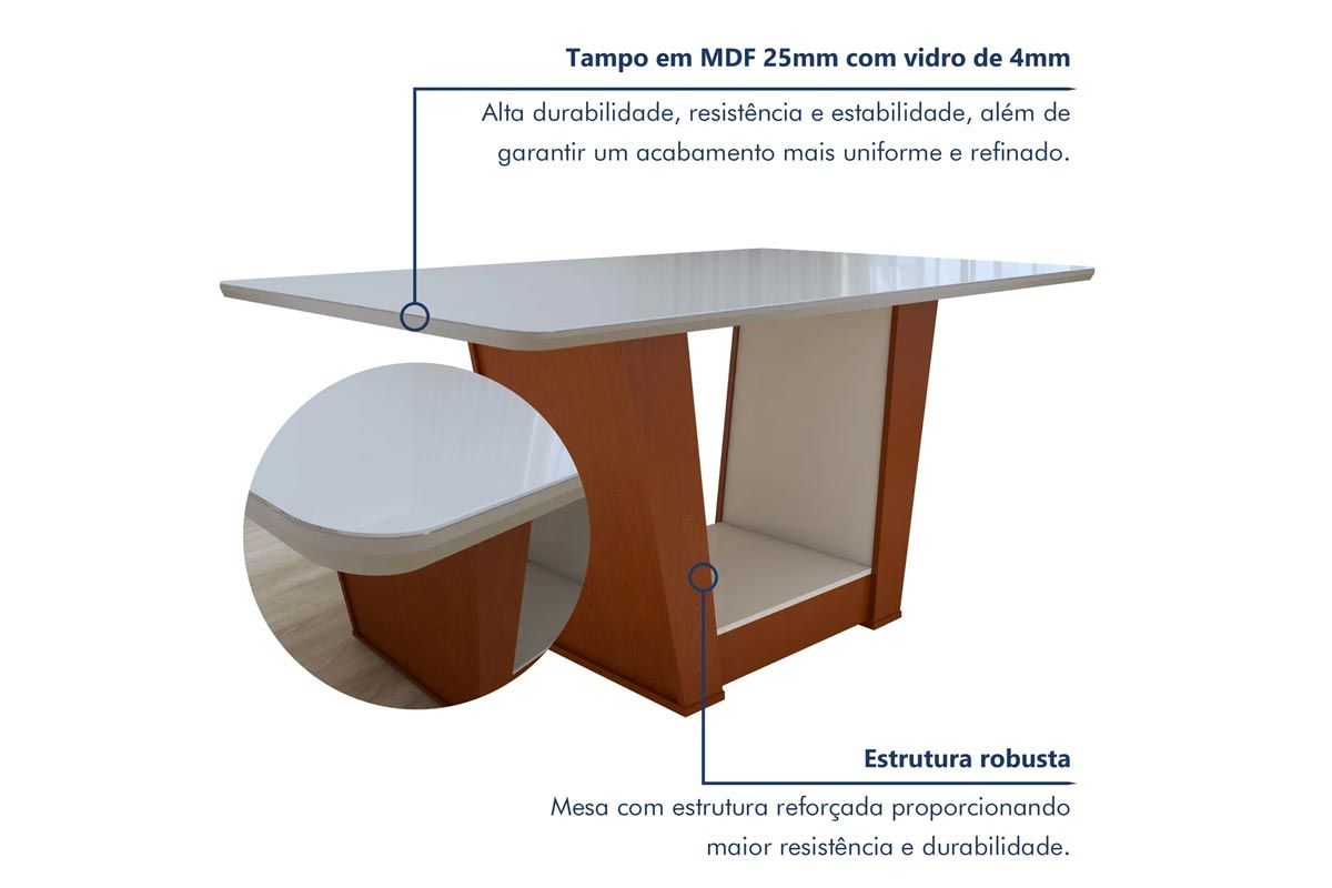 Mesa Jantar Apogeu Plus c/Tampo Madeirado Vidro 170x90cm Lopas