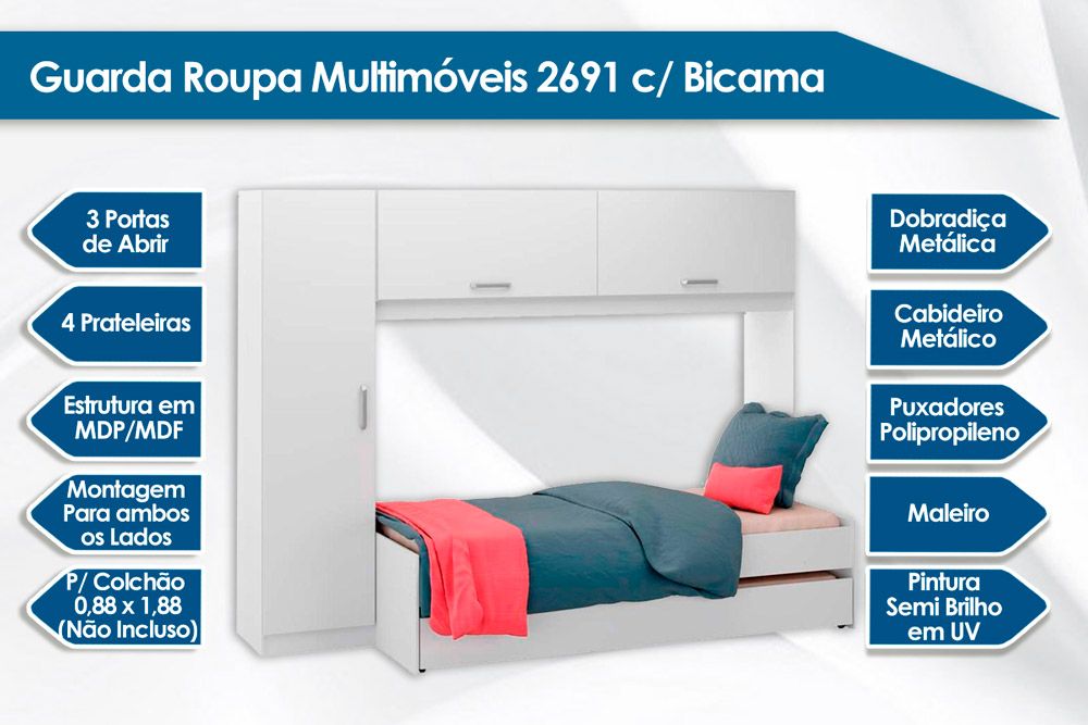 Guarda Roupa Solteiro 3 Portas (2 Aéreo) c/Bicama 2691 Multimóveis