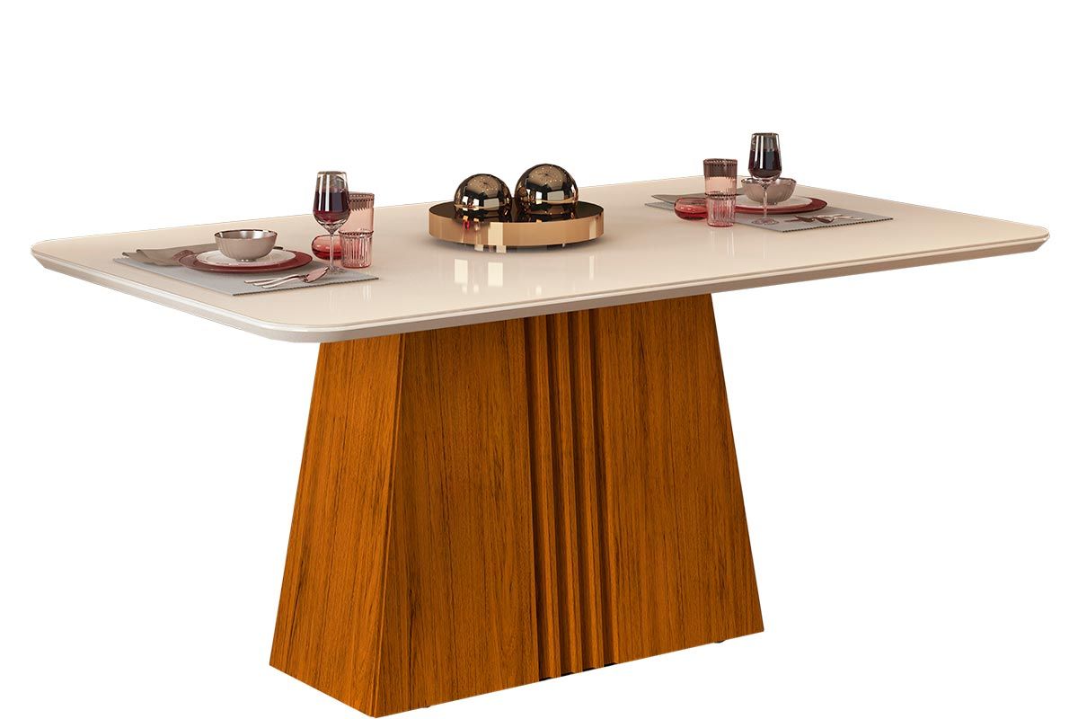 Mesa Jantar Italia c/Tampo Madeirado c/Vidro Curvo 170x90cm DJ Móveis