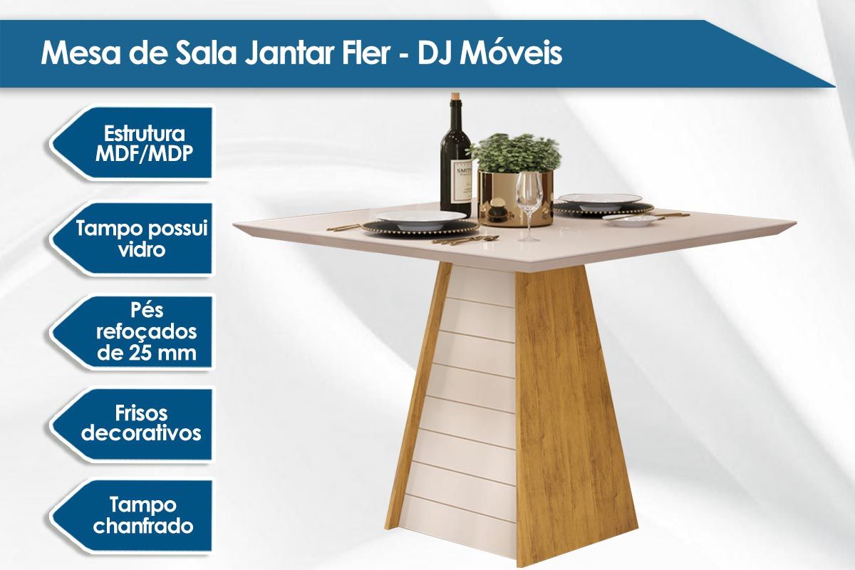 Mesa Jantar Fler c/Tampo Madeirado c/Vidro 90x90cm DJ Móveis Mesa Jantar Fler c/Tampo Madeirado c/Vidro 90x90cm DJ Móveis