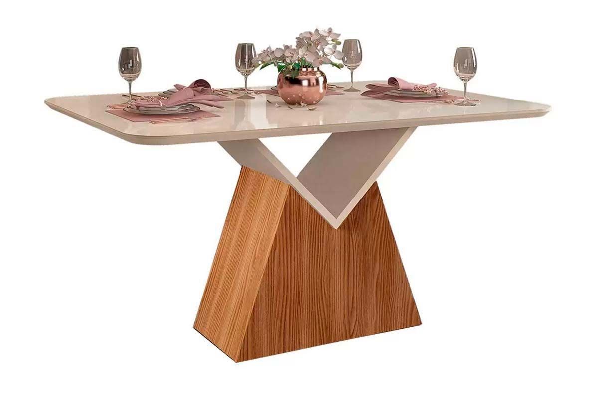 Mesa Jantar Argo c/Tampo Madeirado c/Vidro Curvo 136x90cm DJ Móveis