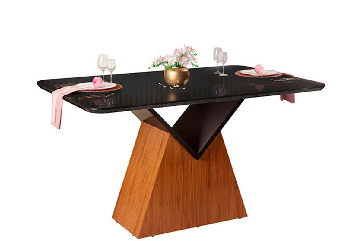Mesa Jantar Argo c/Tampo Madeirado c/Vidro Curvo 136x90cm DJ Móveis