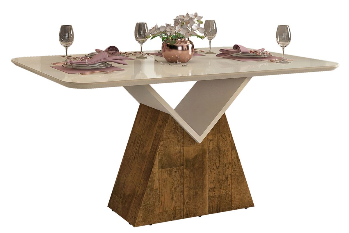 Mesa Jantar Argo c/Tampo Madeirado c/Vidro Curvo 136x90cm DJ Móveis