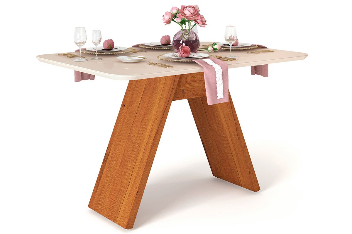 Mesa Jantar Fit c/Tampo Madeirado c/Vidro Curvo 136x90cm DJ Móveis