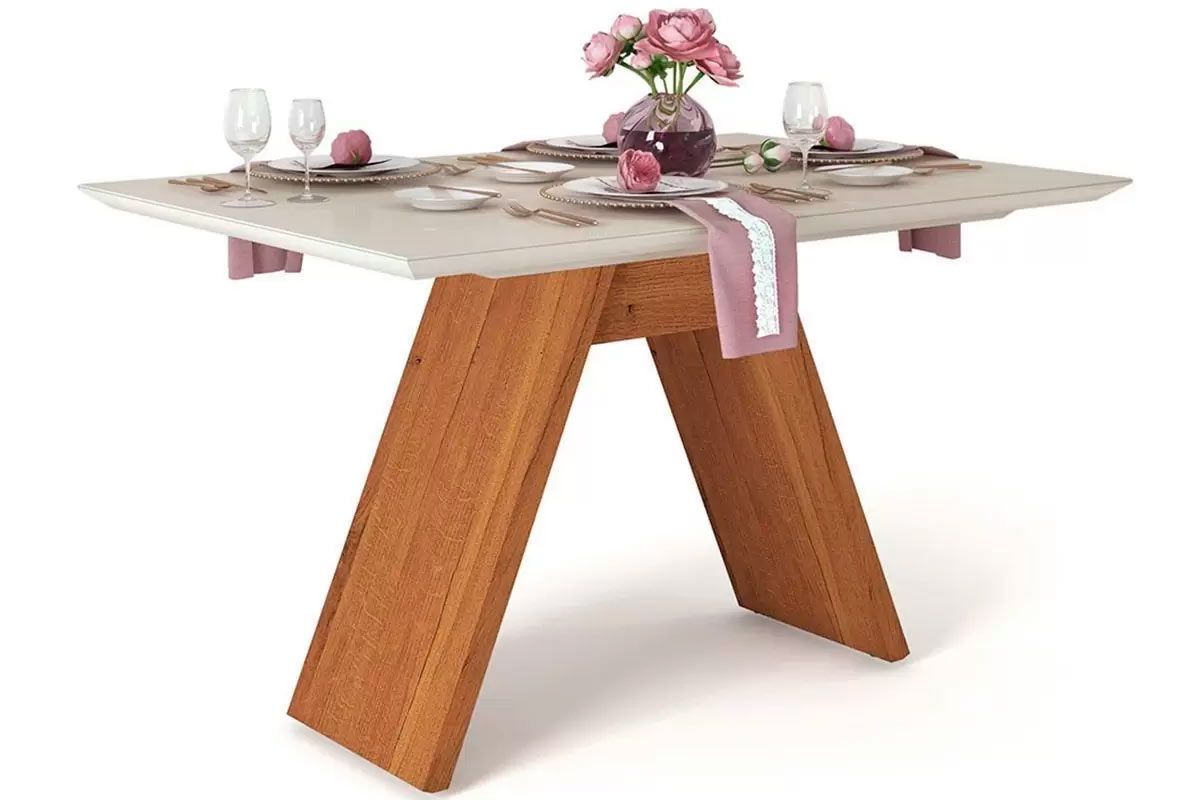 Mesa Jantar Fit c/Tampo Madeirado c/Vidro 160x90cm DJ Móveis