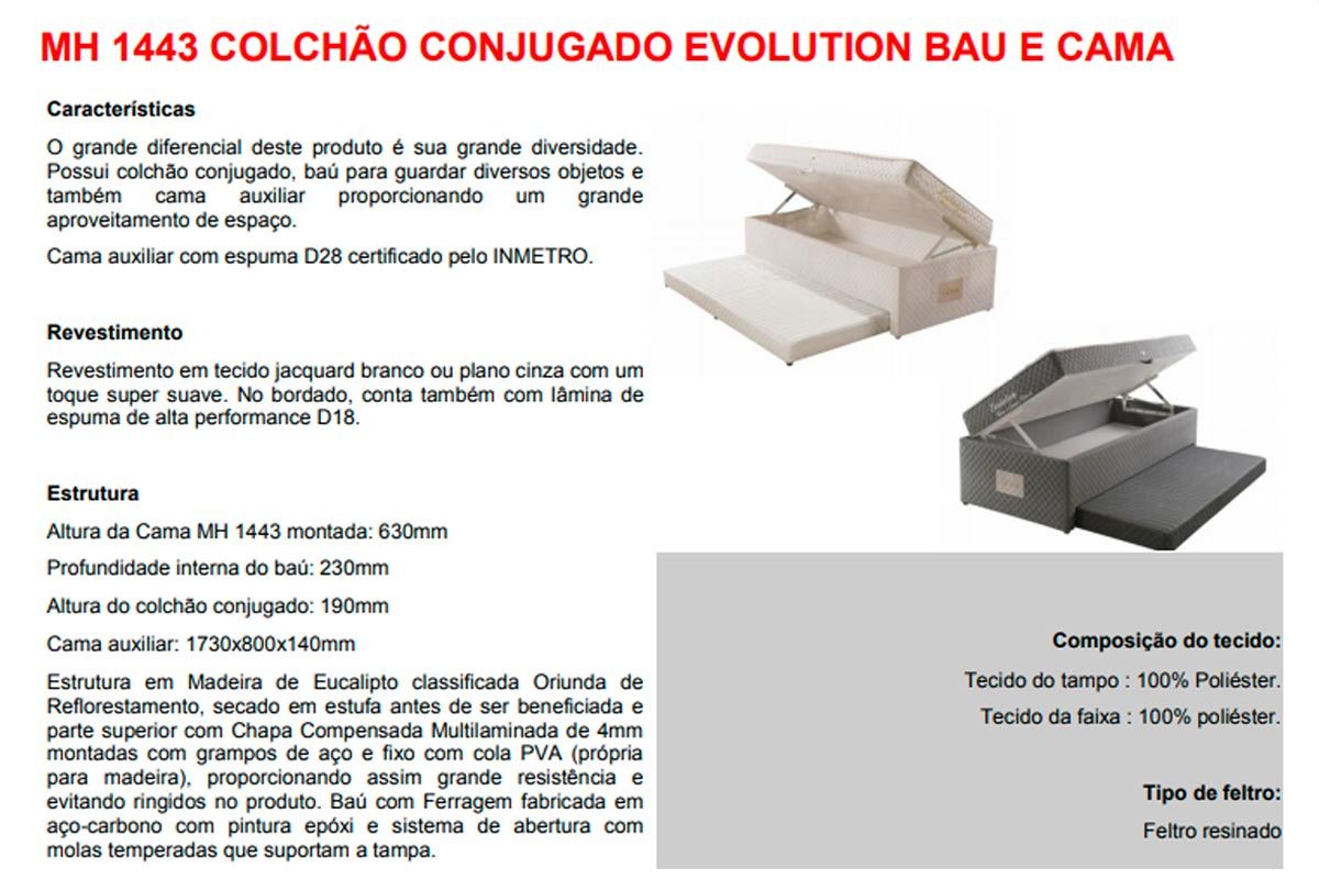 Cama Baú c/Aux Conjugado c/Colchão Evolution Herval