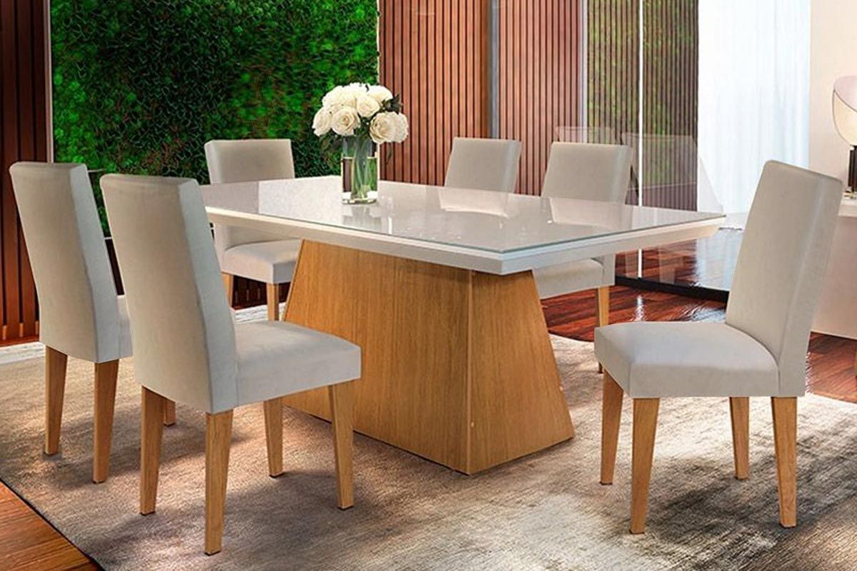 Sala de Jantar Completa Luna Tampo Madeirado c/ Vidro Canto Reto 180x90cm e 6 Cadeiras Grécia - Rufato
