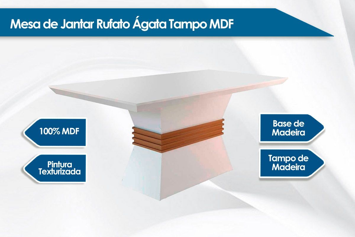 Sala Jantar Mesa Ágata Tampo Madeirado Canto Reto 180cm+6 Cadeiras Imperatriz - Rufato