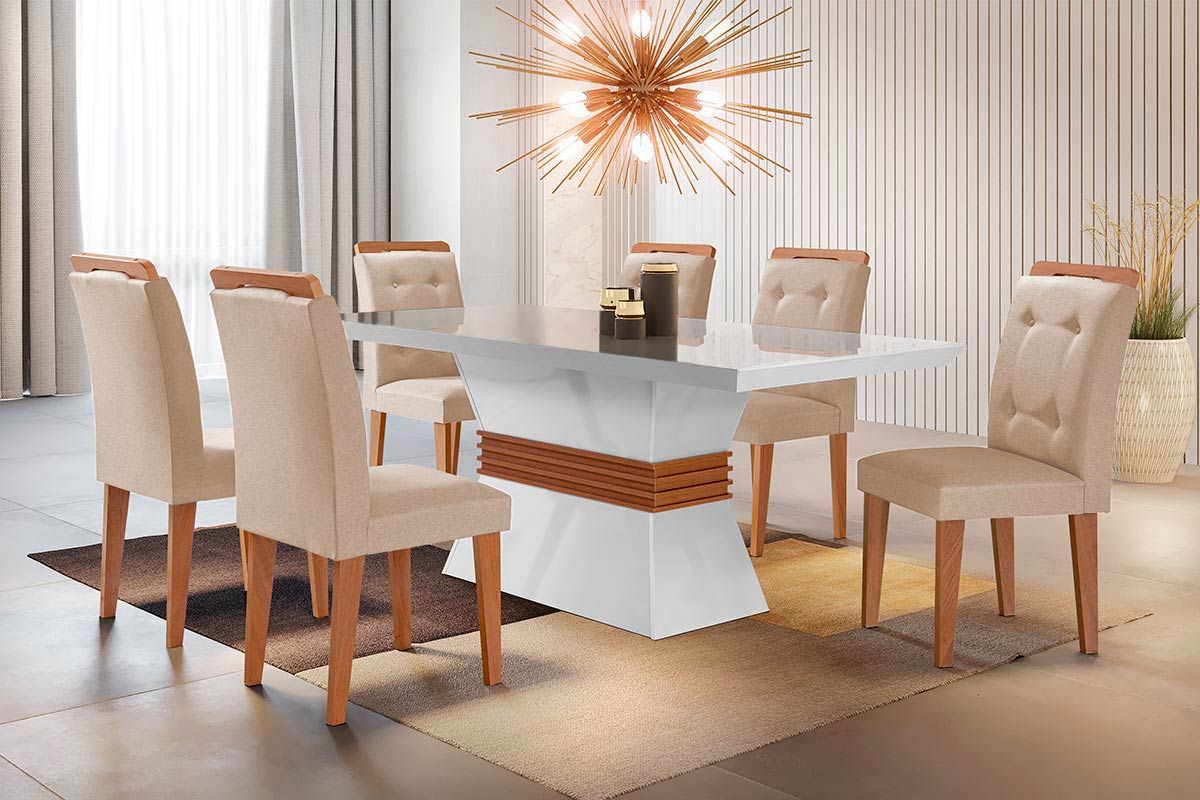 Sala Jantar Mesa Ágata Tampo Madeirado Canto Reto 180cm+6 Cadeiras Imperatriz - Rufato