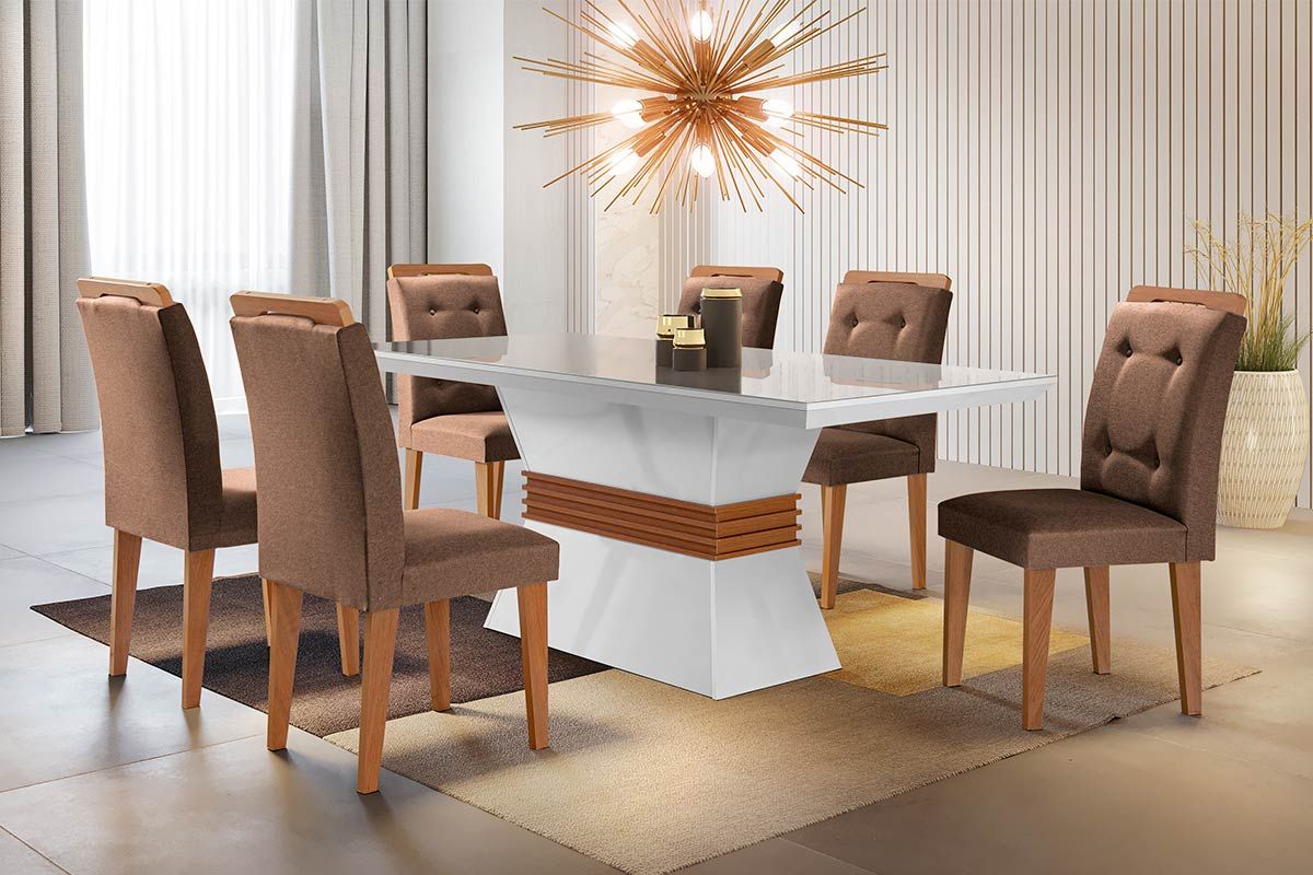 Sala Jantar Mesa Ágata Tampo MDF Canto Reto 120x80cm e 6 Cadeiras Imperatriz - Rufato