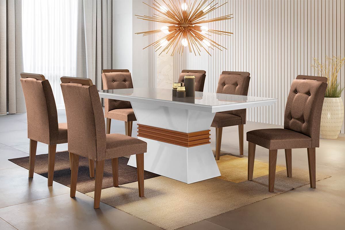 Sala Jantar Mesa Ágata Tampo MDF Canto Reto 120x80cm e 6 Cadeiras Imperatriz - Rufato