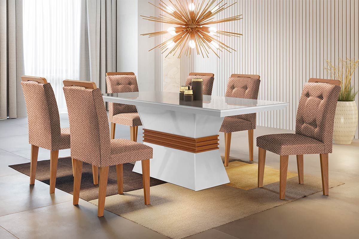 Sala Jantar Mesa Ágata Tampo MDF Canto Reto 120x80cm e 6 Cadeiras Imperatriz - Rufato