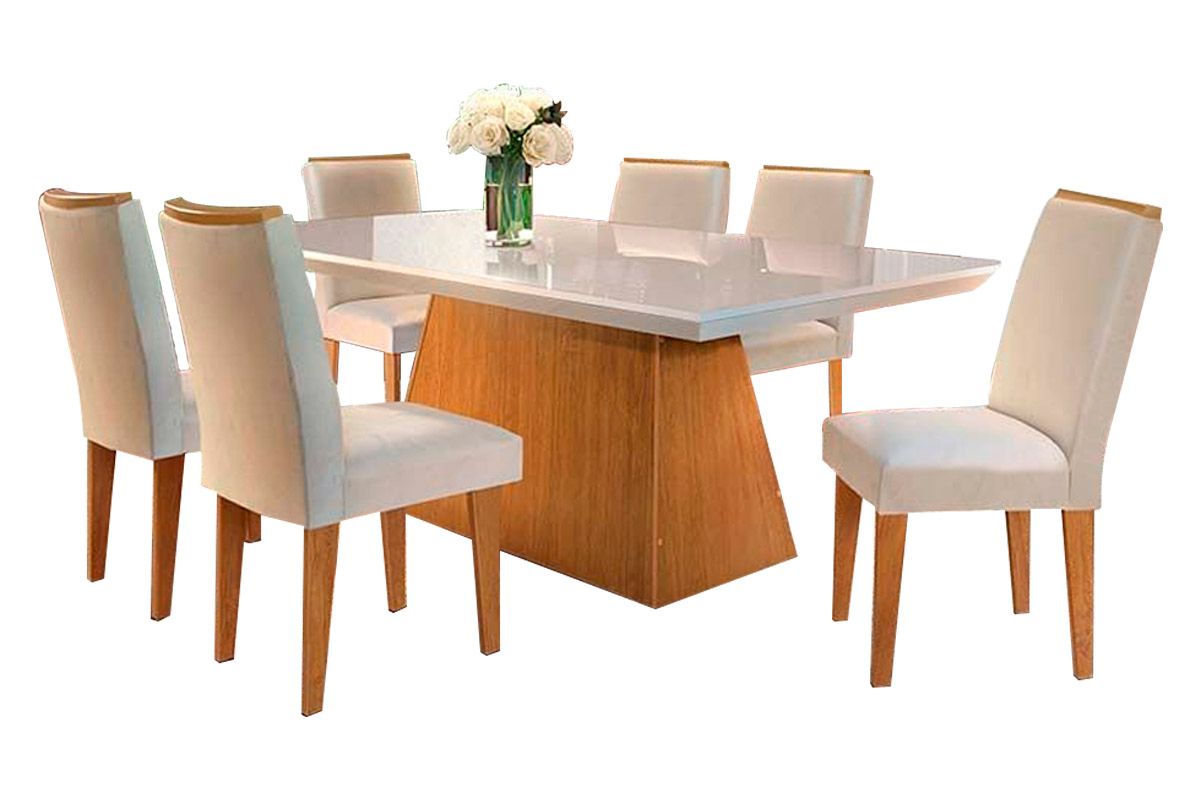 Sala de Jantar Completa Luna Tampo Madeirado c/ Vidro Canto Reto 180x90cm e 6 Cadeiras Lunara - Rufato